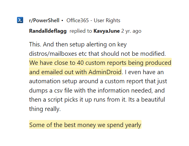 Reddit comment about 40 custom AdminDroid reports being best money spent