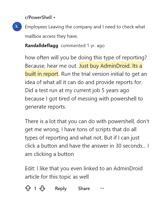 Reddit comment recommending buying AdminDroid for reporting