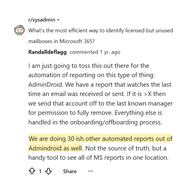 Reddit comment describing 30 automated reports run from AdminDroid