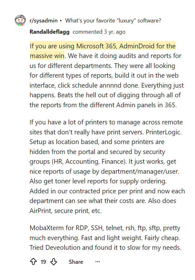 Reddit comment calling AdminDroid a massive win for M365 reporting