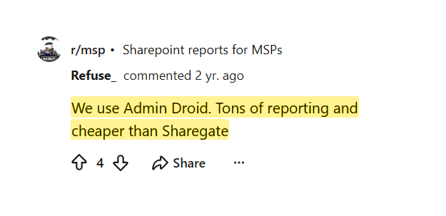Reddit comment saying AdminDroid is cheaper than Sharegate with tons of reporting