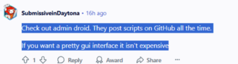 Reddit comment about AdminDroid GitHub scripts and affordable GUI