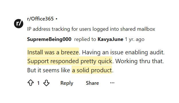 Reddit comment praising AdminDroid install and support
