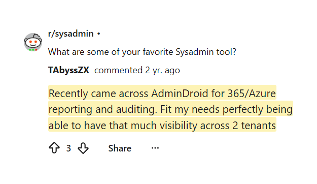 Reddit comment praising AdminDroid for 365/Azure reporting across two tenants