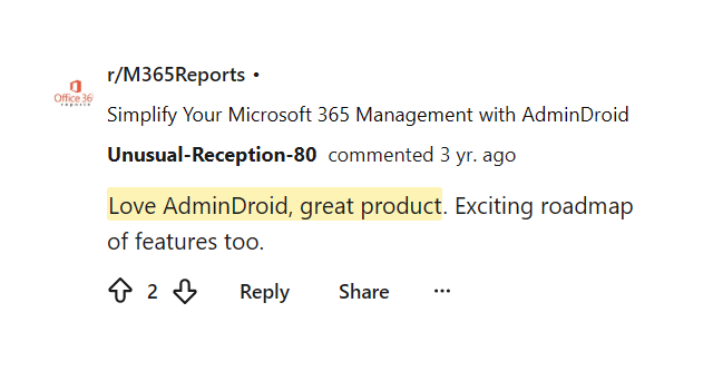 Reddit comment loving AdminDroid as a great product