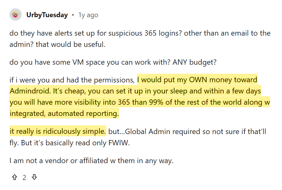 Reddit comment saying they would spend their own money on AdminDroid for 365 visibility