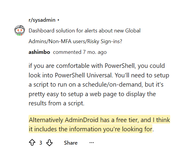Reddit comment mentioning AdminDroid free tier