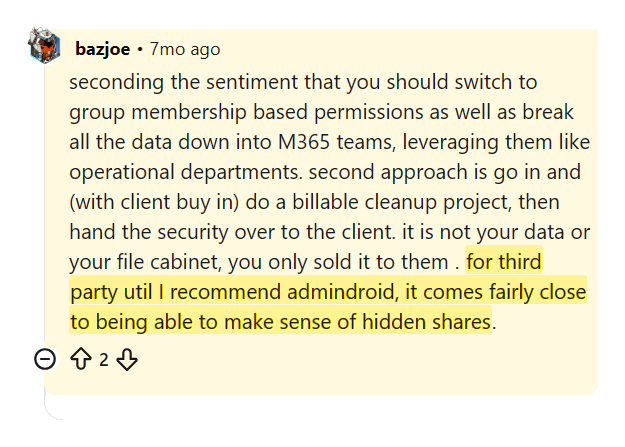 Reddit comment recommending AdminDroid for hidden shares