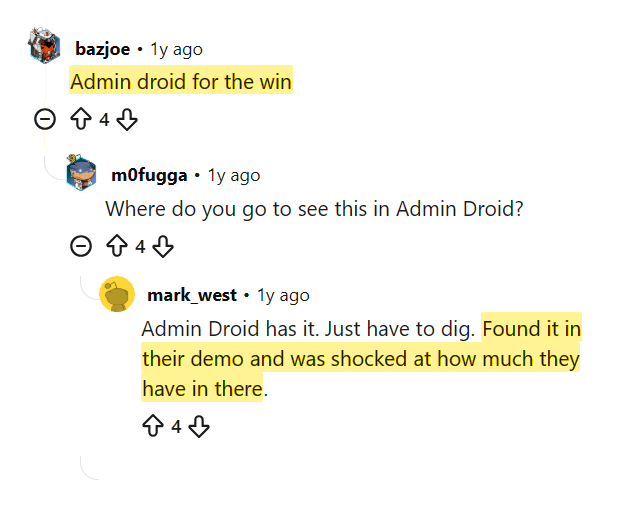 Reddit conversation praising the breadth of AdminDroid reports in its demo