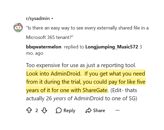 Reddit comment comparing AdminDroid licensing cost favorably against ShareGate