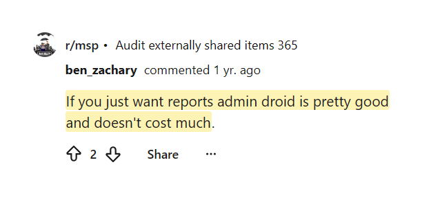 Reddit comment saying AdminDroid is pretty good for reports and doesn't cost much