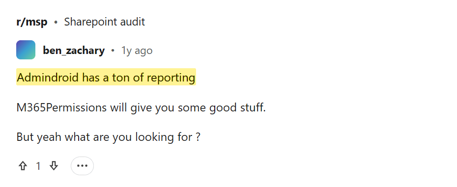 Reddit comment noting AdminDroid has a ton of reporting