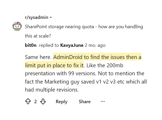 Reddit comment on using AdminDroid to find storage and versioning issues
