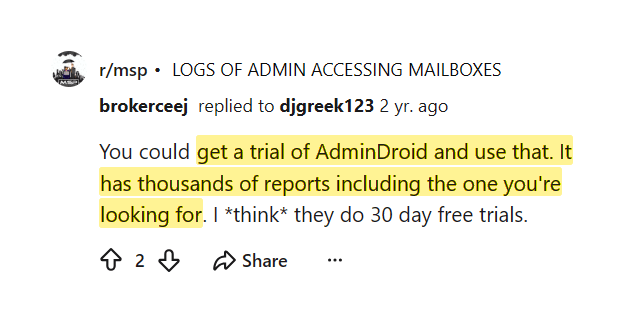 Reddit comment noting AdminDroid has thousands of reports and a 30 day trial