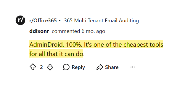 Reddit comment recommending AdminDroid as one of the cheapest capable tools