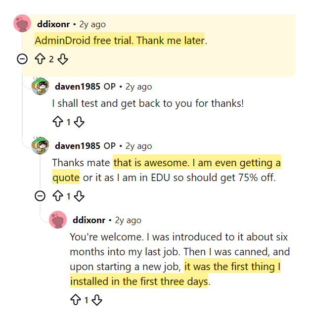 Reddit conversation endorsing AdminDroid as a first-day install