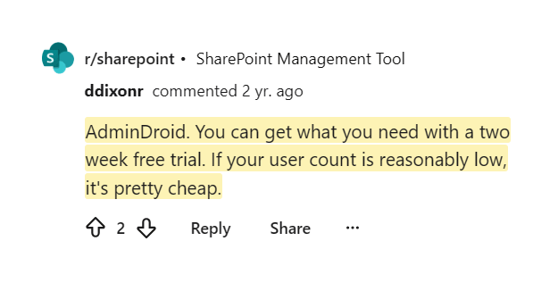Reddit comment about AdminDroid free trial and low cost