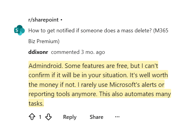 Reddit comment calling AdminDroid well worth the money over native tools