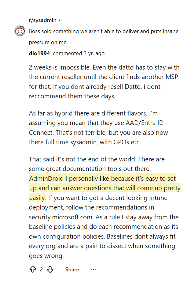 Reddit comment noting AdminDroid is easy to set up and answers questions