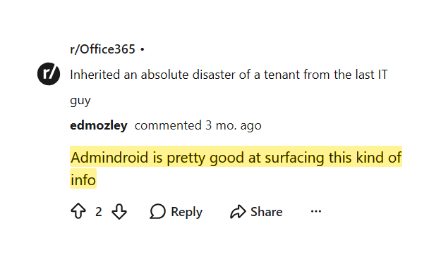 Reddit comment saying AdminDroid is good at surfacing tenant information