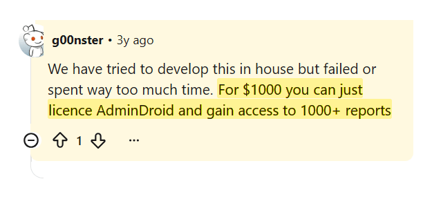 Reddit comment on AdminDroid value versus building reporting in-house