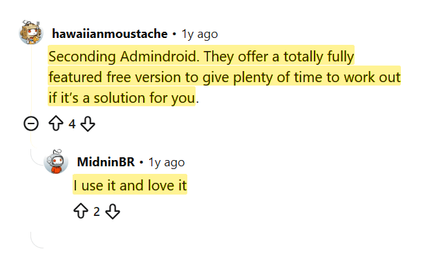 Reddit comments seconding AdminDroid and its free version