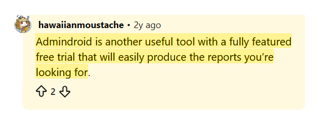 Reddit comment praising AdminDroid free trial and reporting