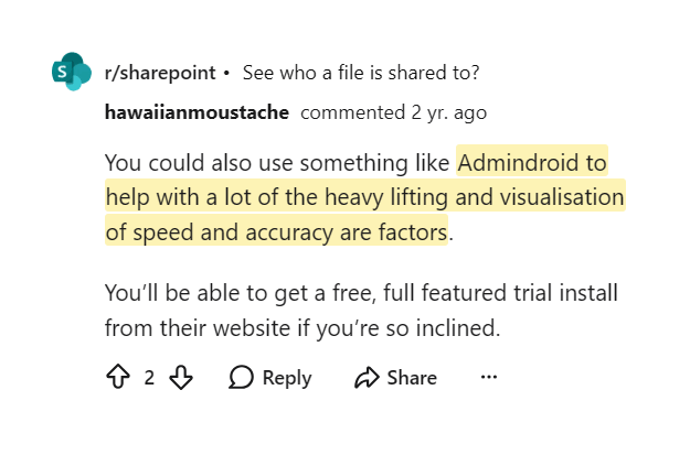 Reddit comment recommending AdminDroid for heavy lifting and visualisation