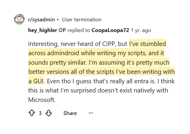 Reddit comment comparing AdminDroid to writing scripts with a GUI