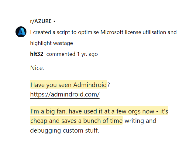 Reddit comment from a big AdminDroid fan citing low cost and time saved