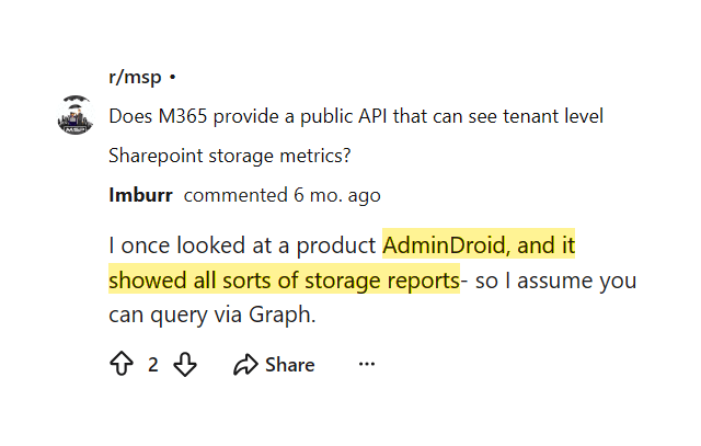 Reddit comment praising AdminDroid storage reports