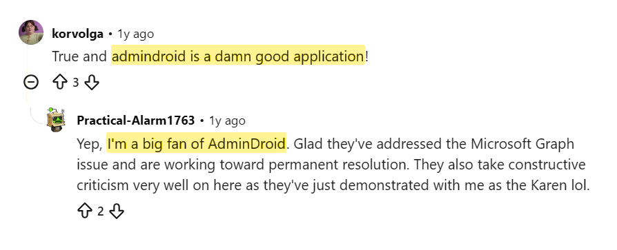 Reddit comments calling AdminDroid a damn good application