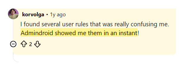 Reddit comment saying AdminDroid surfaced confusing user rules instantly
