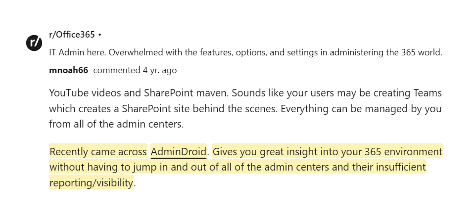 Reddit comment on AdminDroid providing unified Microsoft 365 visibility