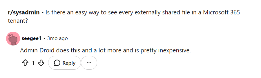 Reddit comment calling AdminDroid inexpensive and capable of external sharing reporting