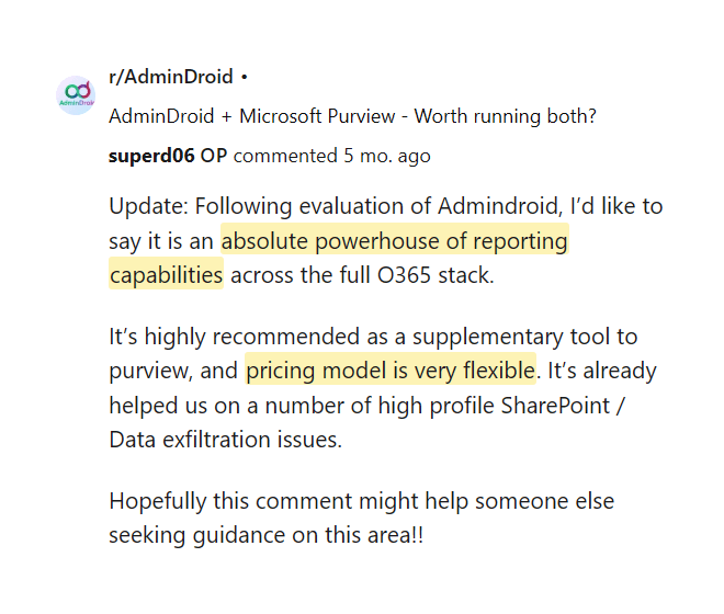 Reddit comment calling AdminDroid a powerhouse of reporting across the O365 stack