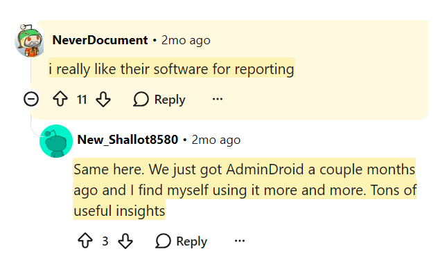 Reddit thread with several admins praising AdminDroid reporting and insights