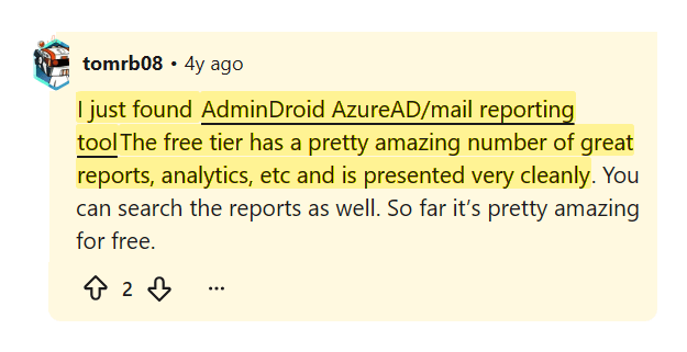 Reddit comment praising AdminDroid free reporting tier and analytics
