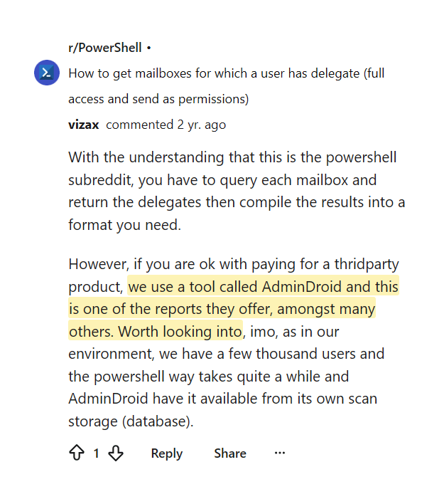 Reddit comment noting AdminDroid offers many reports from its own scan database