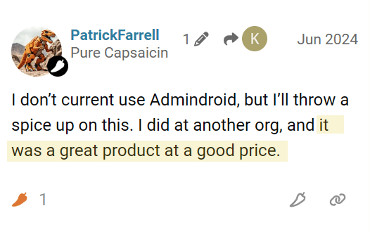 Spiceworks comment calling AdminDroid a great product at a good price